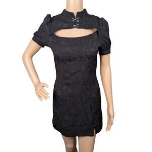 NEV Studio Black Floral Brocade Mini Dress S Goth Alt Keyhole Cutout Puff Sleeve